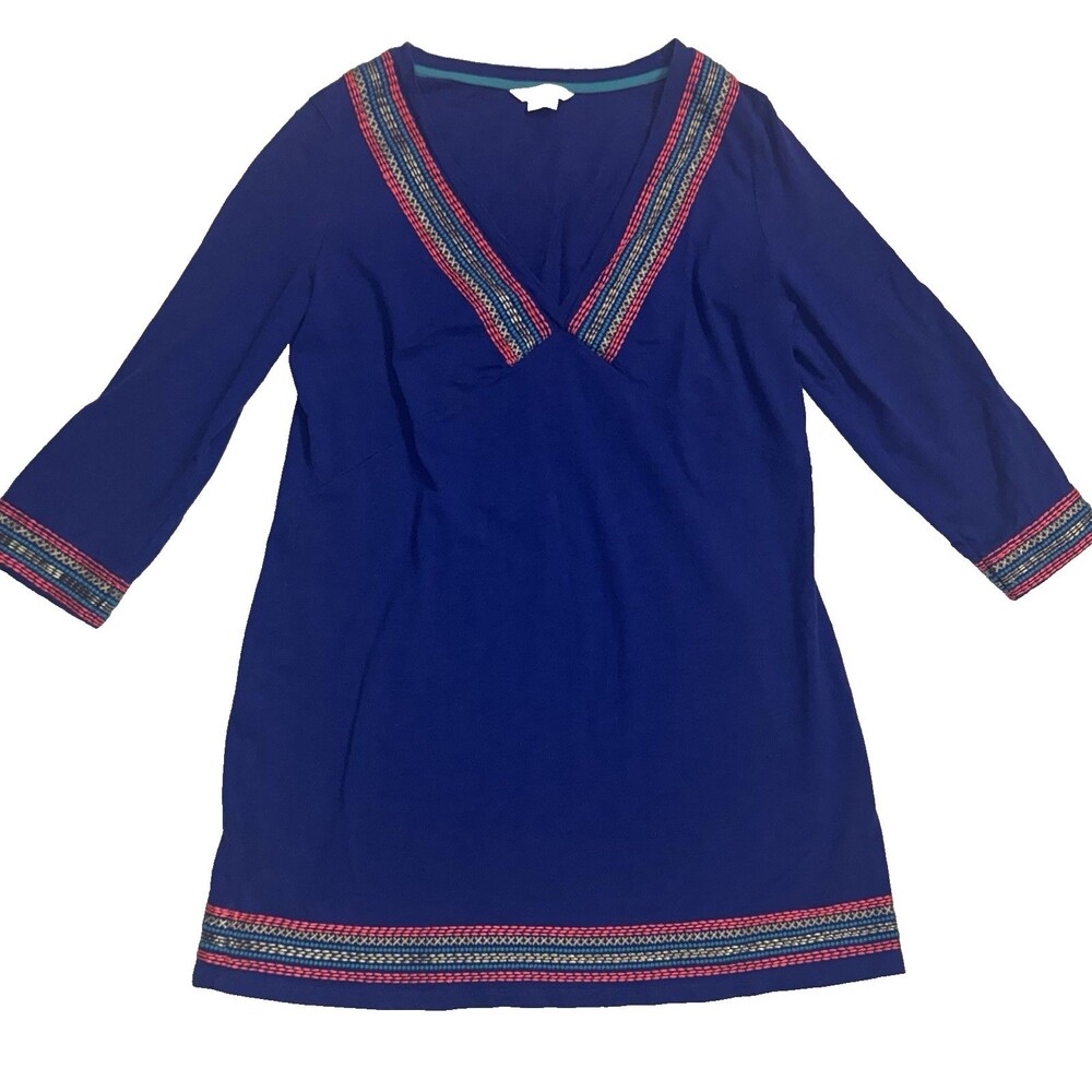 Boden Rosanna Embroidered Jersey Tunic Dress Blue 3/4 Sleeve Cover Up Size 12
